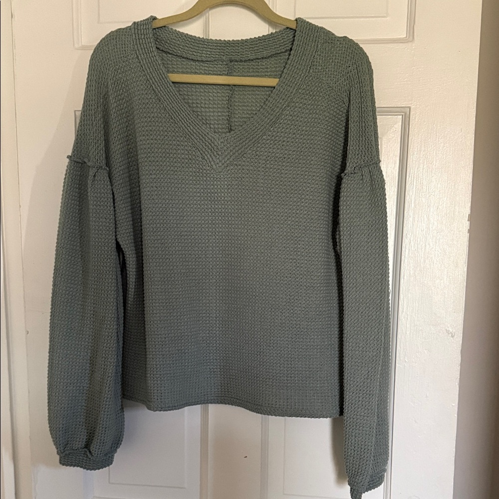 V-Neck Waffle Knit Sweater - Sage Green